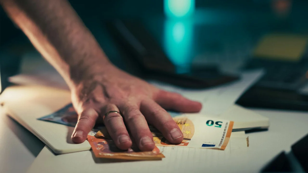 Close-up of a hand grabbing euro bills from a cluttered desk, symbolizing finance or financial crisis.